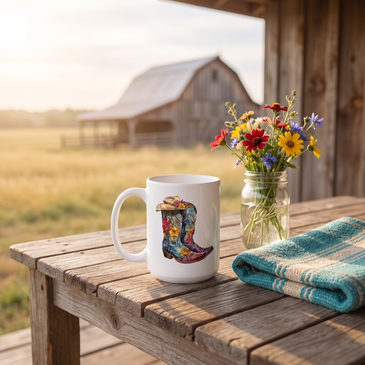 Legendary Lone Star Cowgirl ceramic mug on a farmhouse porch table with wildflowers and saddle blanket