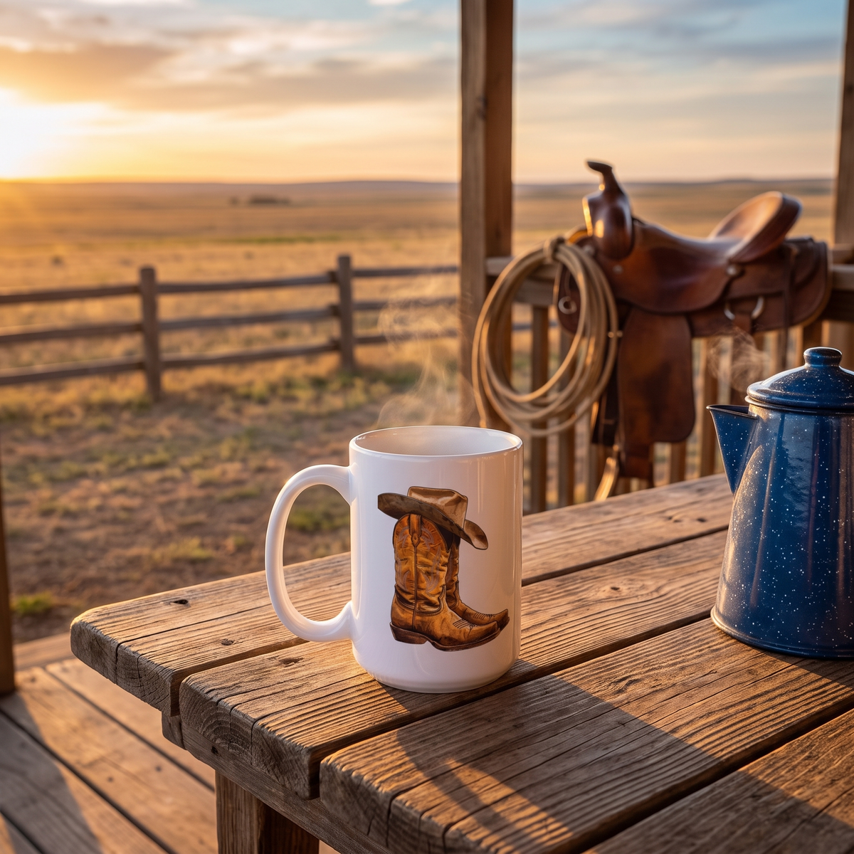Legendary Lone Star Cowboy ceramic mug on a ranch porch at golden hour with saddle and lariat