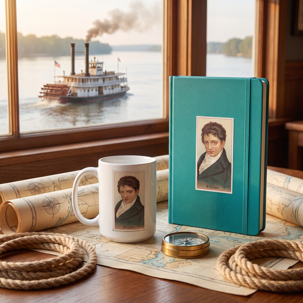 Inventor Series Robert Fulton ceramic mug and hardcover notebook with steamboat on the river beyond