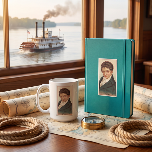Inventor Series Robert Fulton ceramic mug and hardcover notebook with steamboat on the river beyond