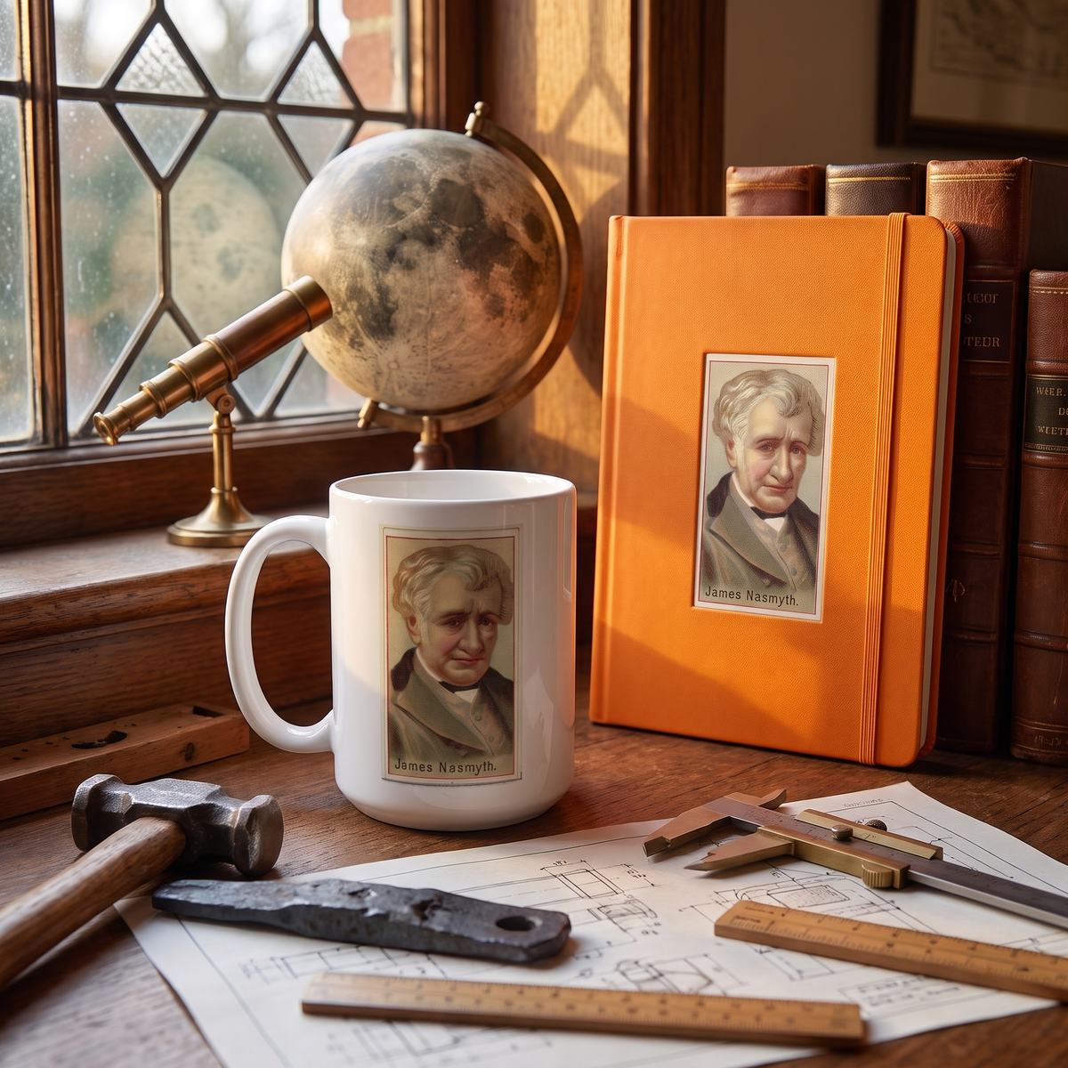Inventor Series James Nasmyth ceramic mug and hardcover notebook with moon globe and telescope