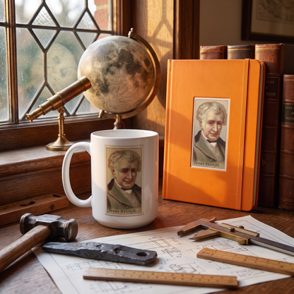Inventor Series James Nasmyth ceramic mug and hardcover notebook with moon globe and telescope