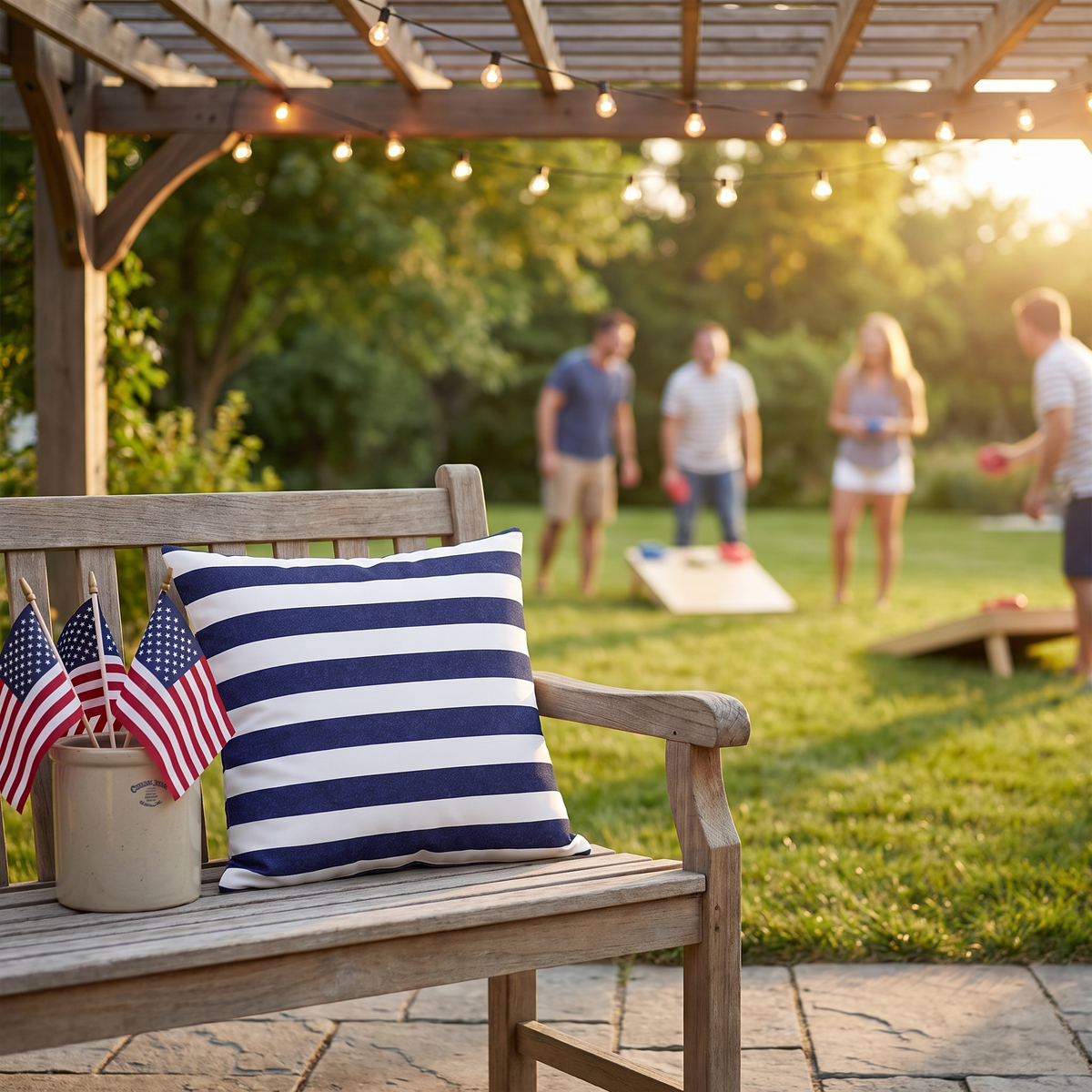 Classic Stripes Celebration square outdoor pillow on a teak bench under a pergola during a Fourth of July cornhole game