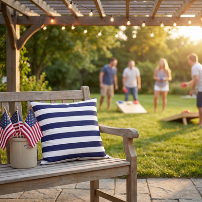 Classic Stripes Celebration square outdoor pillow on a teak bench under a pergola during a Fourth of July cornhole game