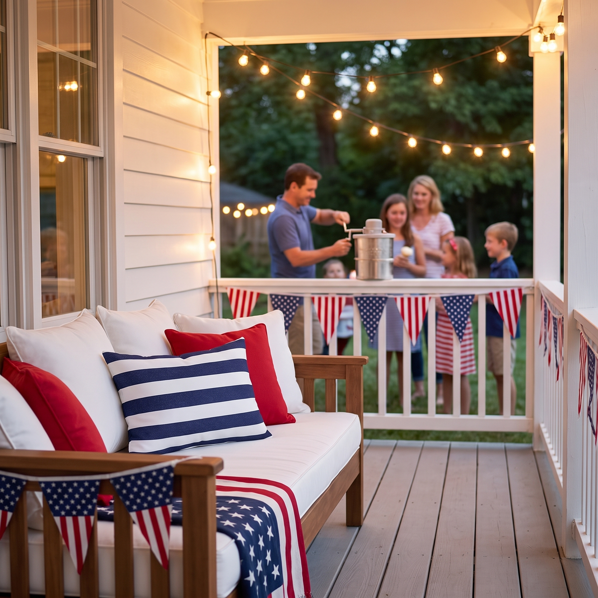 Classic Stripes Celebration outdoor lumbar pillow on a farmhouse porch daybed at a Fourth of July ice cream social