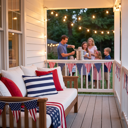 Classic Stripes Celebration outdoor lumbar pillow on a farmhouse porch daybed at a Fourth of July ice cream social