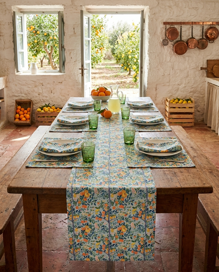 Modern Citrus Tree placemat styled with the matching table runner and napkins