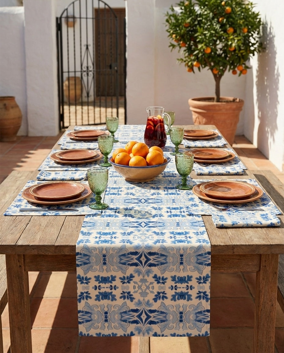 Blue Spanish Tile napkins styled with the matching placemats and table runner