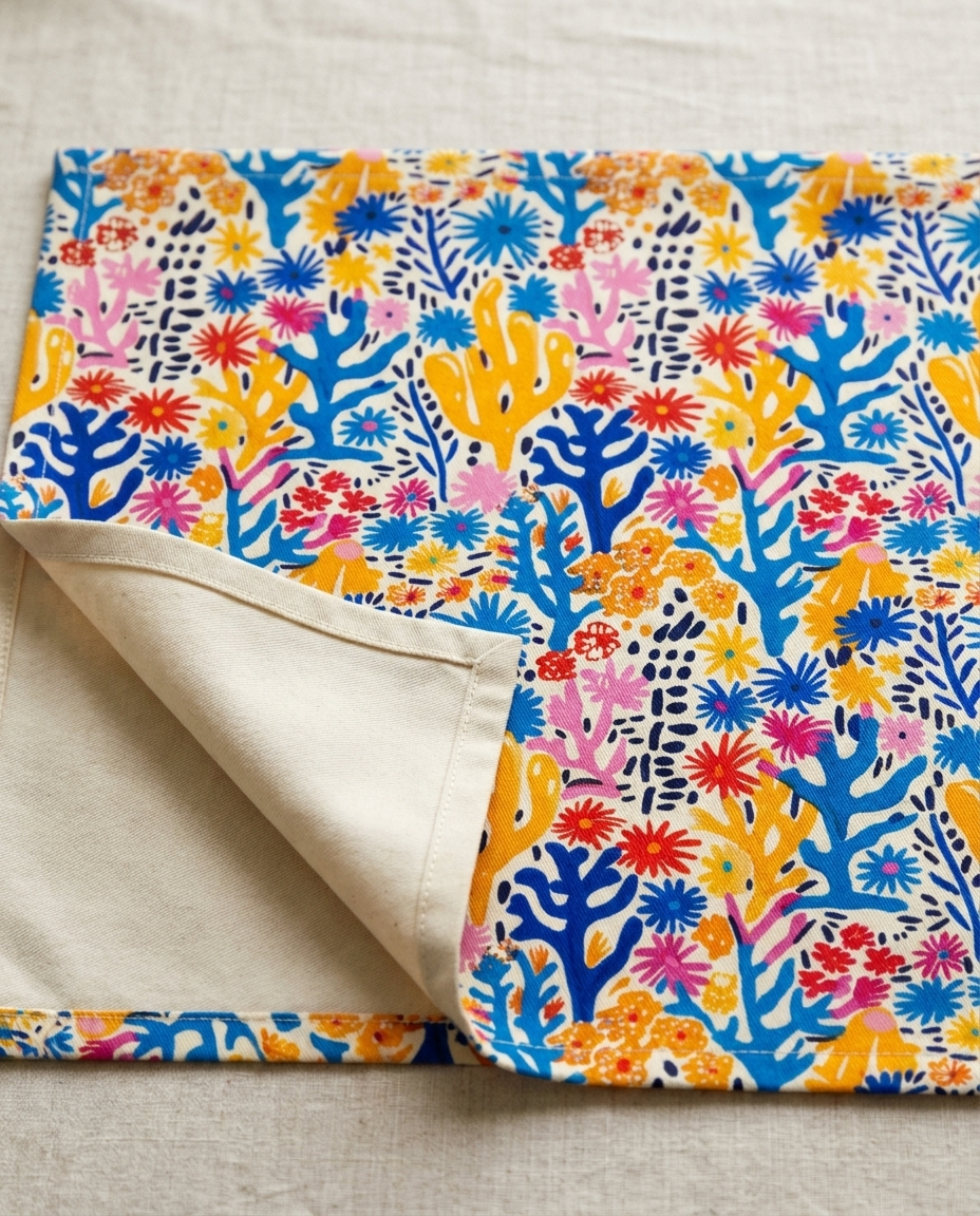Coral Bloom Harmony napkin close-up — cotton twill pattern with natural cotton reverse and hemmed edge