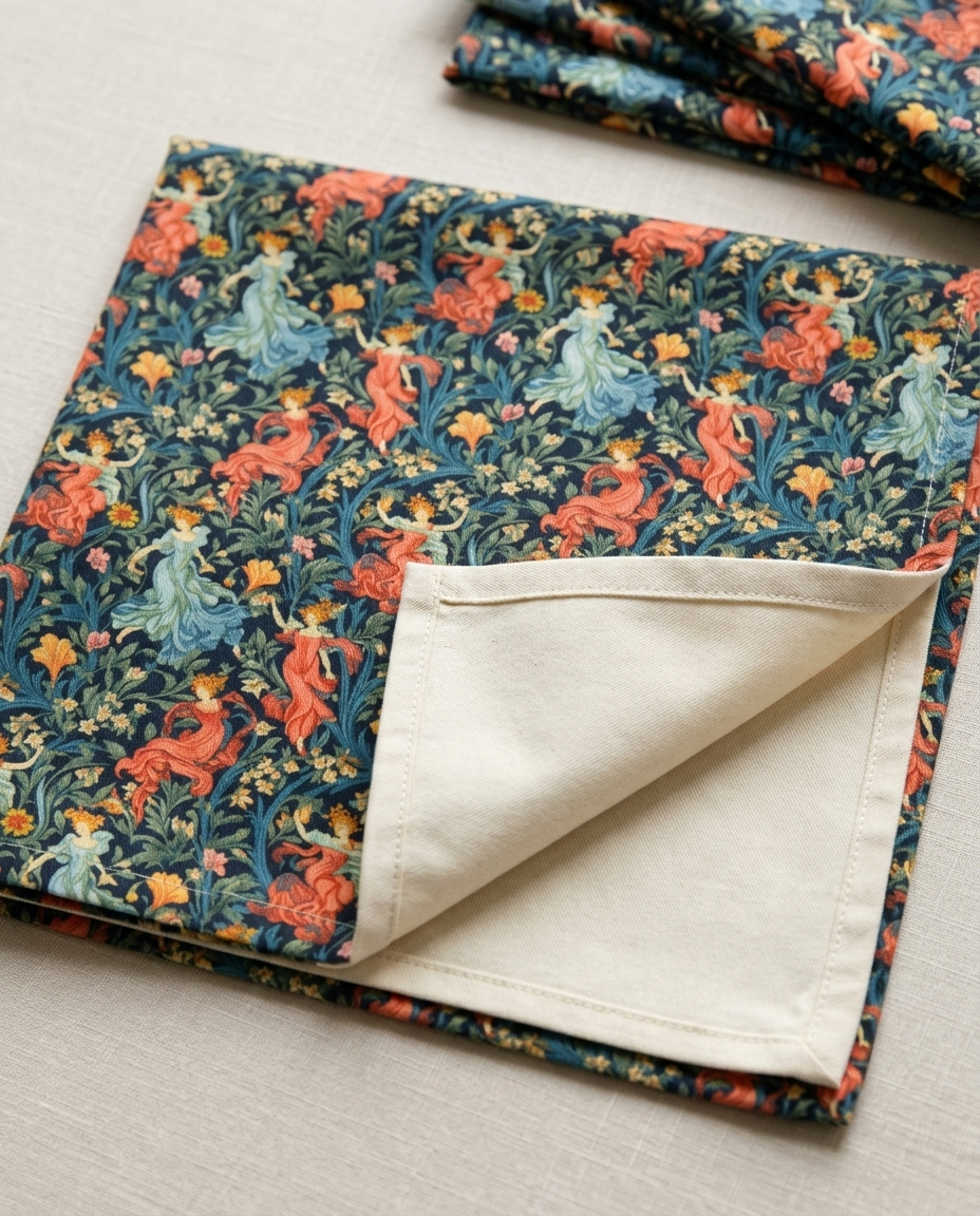 Dance of the Goddesses napkin close-up — cotton twill pattern with natural cotton reverse and hemmed edge