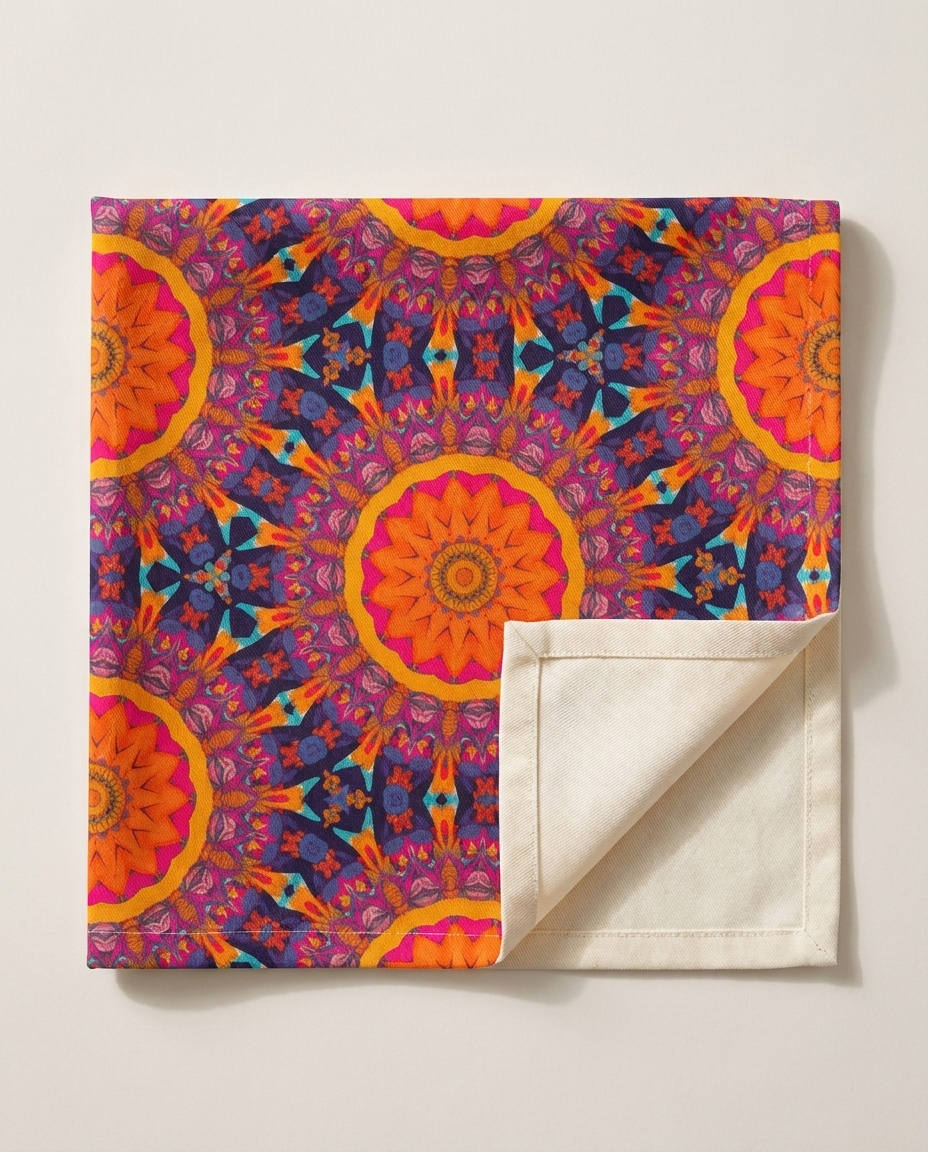 Fiery Mosaic Magic napkin close-up — cotton twill pattern with natural cotton reverse and hemmed edge