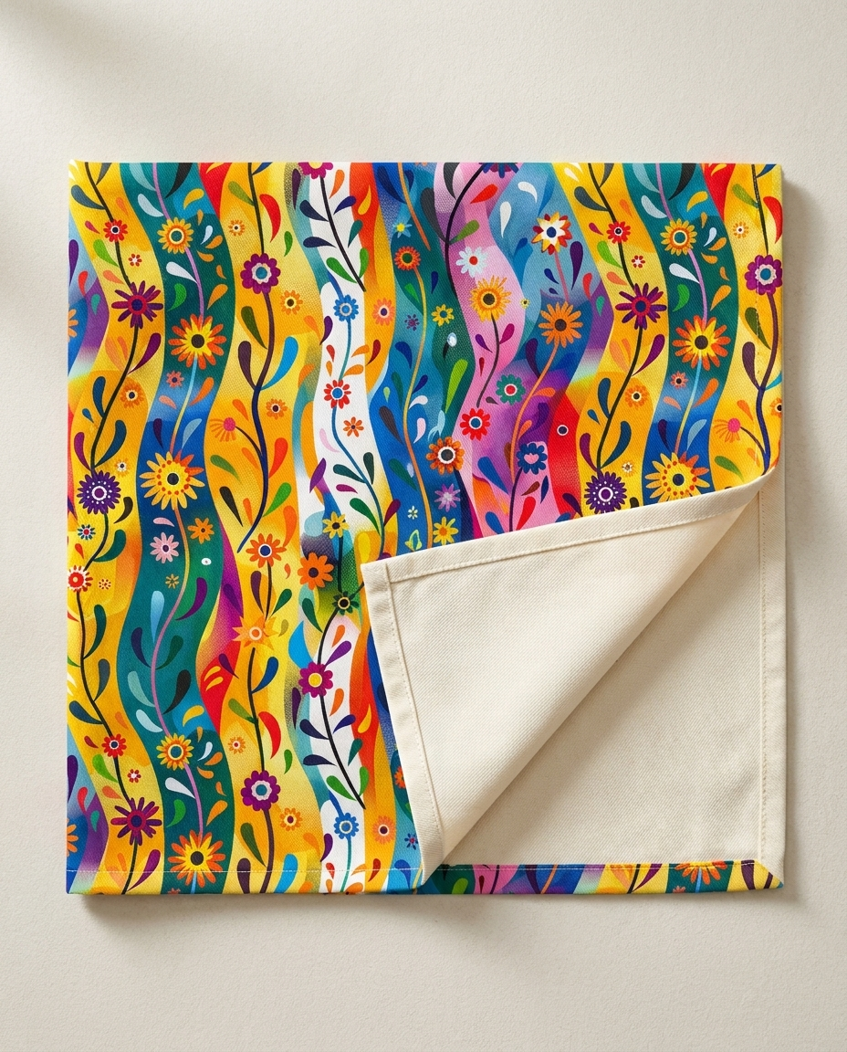 Floral Rhythms napkin close-up — cotton twill pattern with natural cotton reverse and hemmed edge