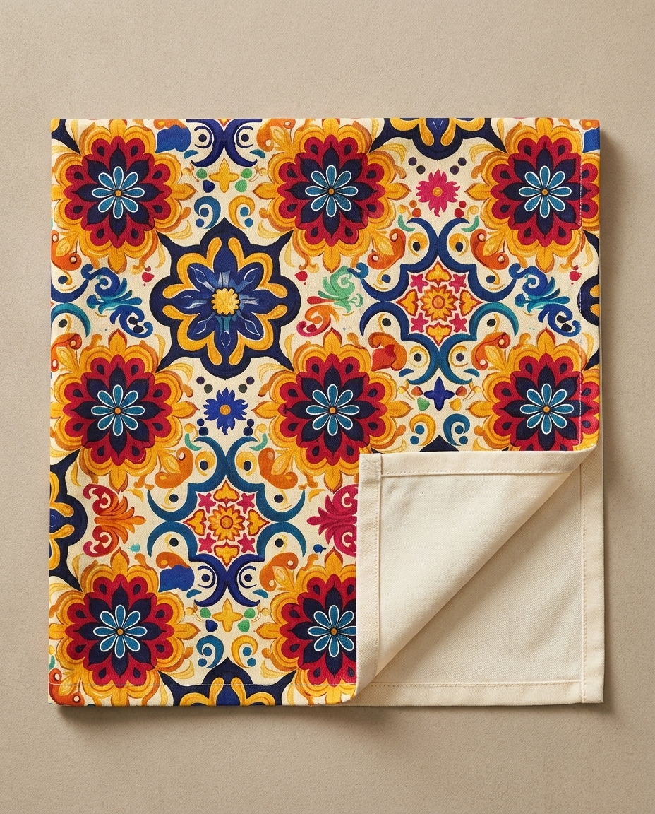 Majorcan Mosaic Splendor napkin close-up — cotton twill pattern with natural cotton reverse and hemmed edge
