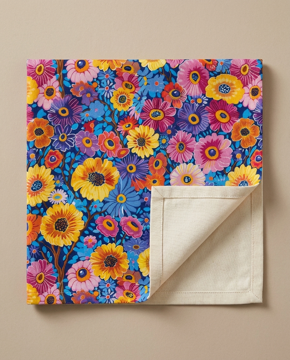Midnight Garden Whimsy napkin close-up — cotton twill pattern with natural cotton reverse and hemmed edge