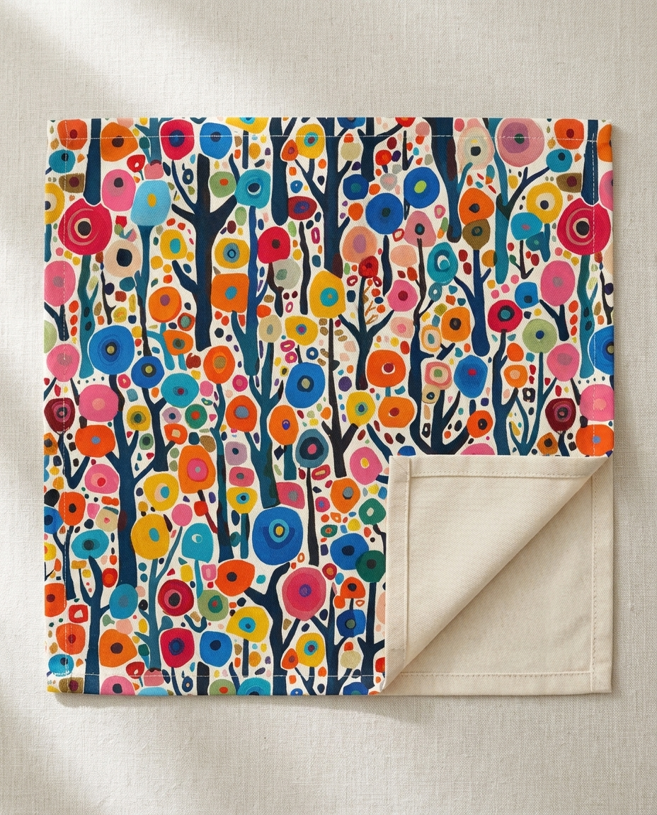 Poppy Forest napkin close-up — cotton twill pattern with natural cotton reverse and hemmed edge