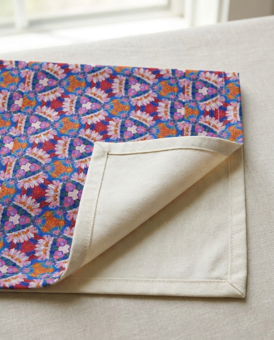 Prismatic Petal Paradise napkin close-up — cotton twill pattern with natural cotton reverse and hemmed edge