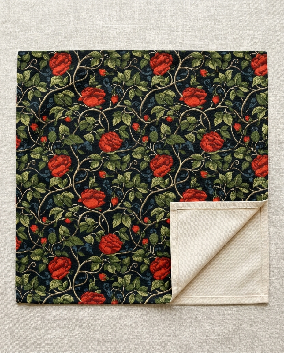 Red Red Rose napkin close-up — cotton twill pattern with natural cotton reverse and hemmed edge