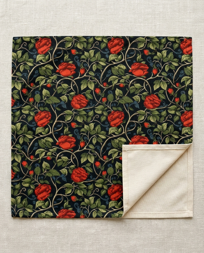 Red Red Rose napkin close-up — cotton twill pattern with natural cotton reverse and hemmed edge