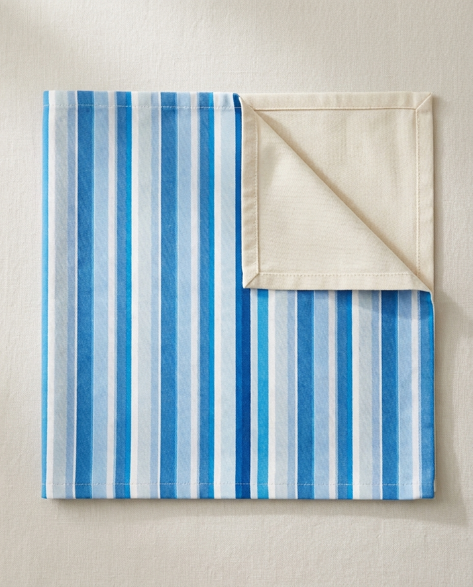 Shades of Light Blue Stripes napkin close-up — cotton twill pattern with natural cotton reverse and hemmed edge