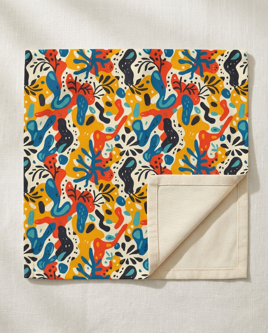 Spice of Life napkin close-up — cotton twill pattern with natural cotton reverse and hemmed edge