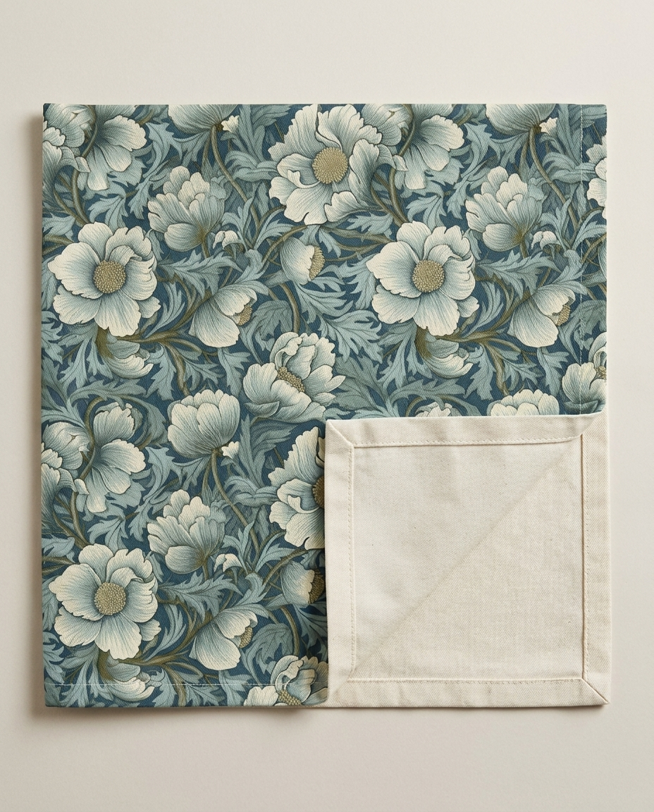 Timeless Teal English Garden napkin close-up — cotton twill pattern with natural cotton reverse and hemmed edge