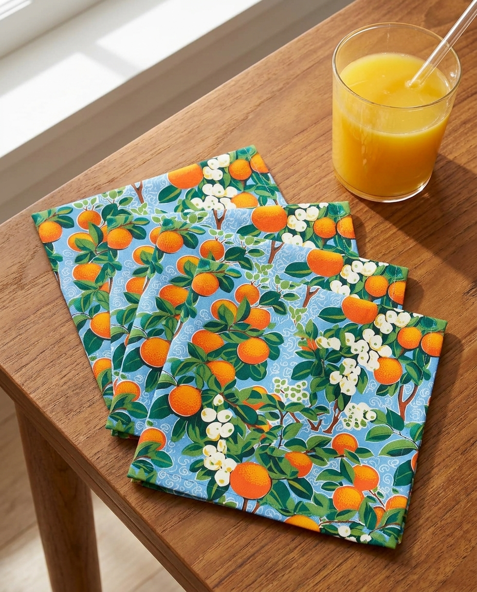 Citrus Blue Bliss cocktail napkins, set of four, with drink for scale