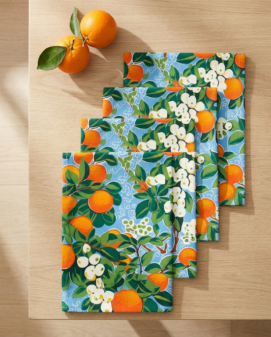 Citrus Blue Bliss dinner napkins, set of four, elongated fold