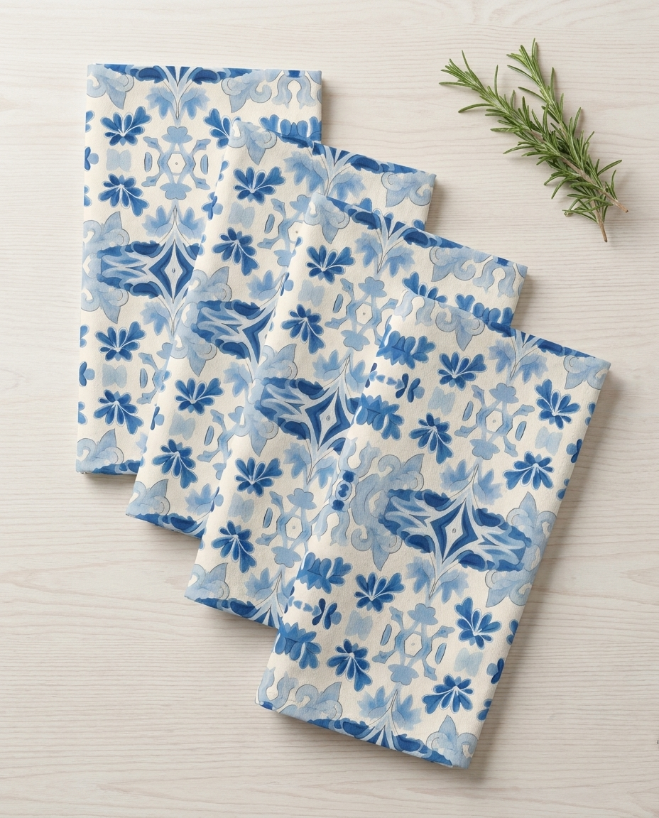 Blue Spanish Tile dinner napkins, set of four, elongated fold