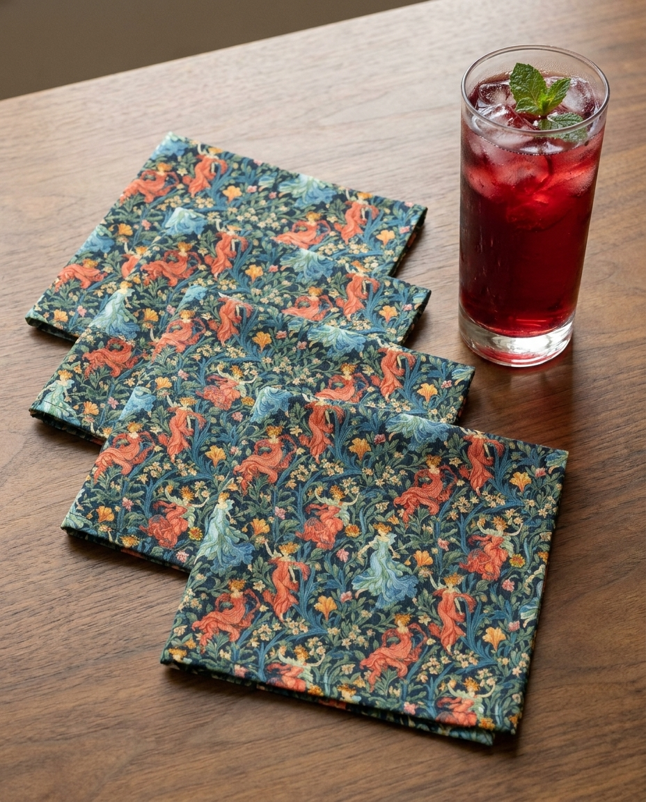 Dance of the Goddesses cocktail napkins, set of four, with drink for scale