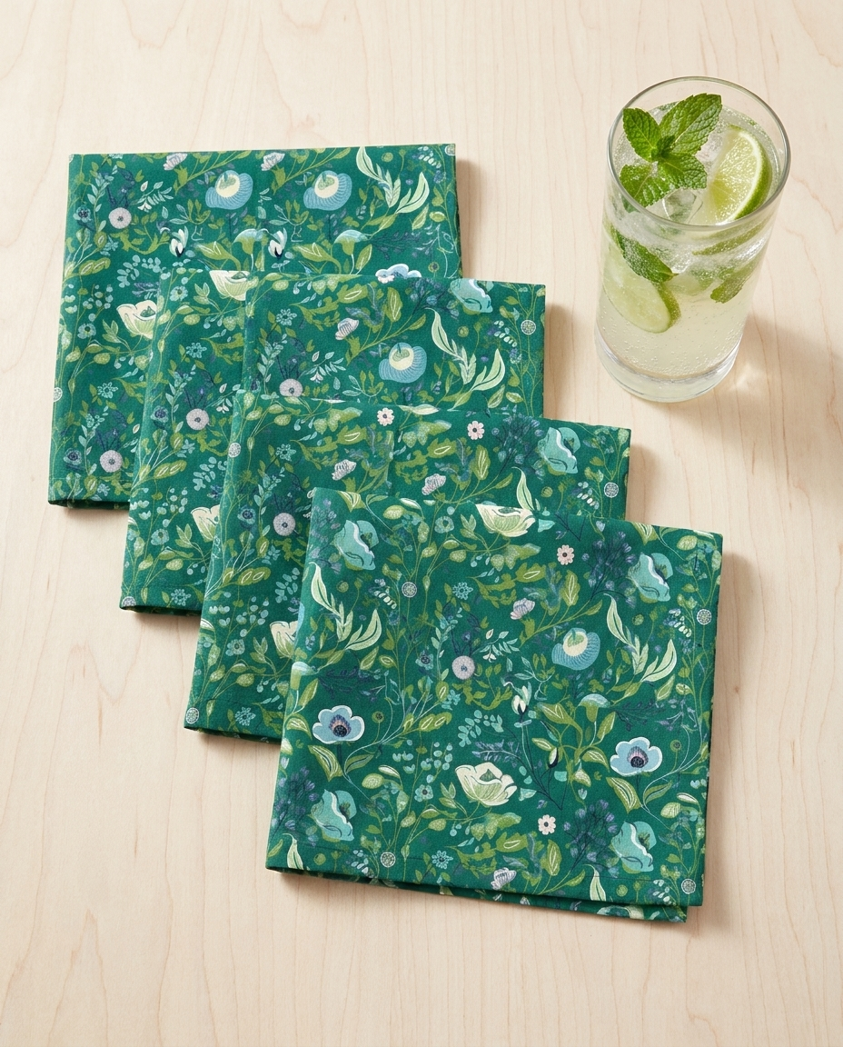 Serene Green Floral cocktail napkins, set of four, with drink for scale