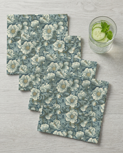 Timeless Teal English Garden cocktail napkins, set of four, with drink for scale
