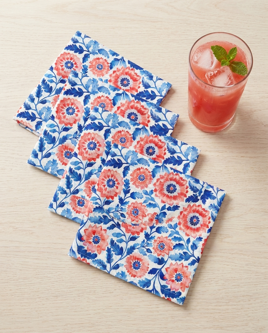 Whimsical Batik Blossoms cocktail napkins, set of four, with drink for scale