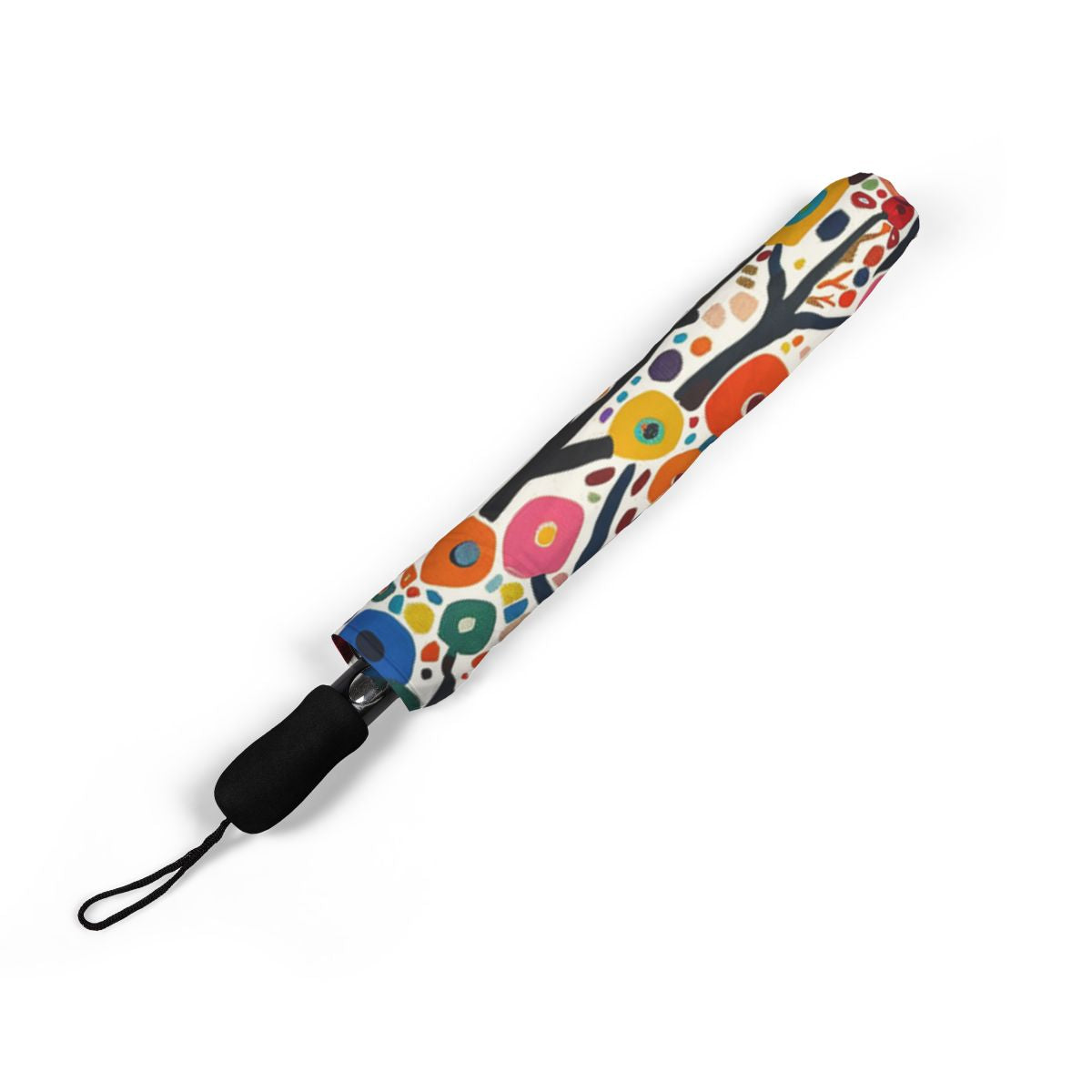 Poppy Forest umbrella folded closed, showing the printed canopy and wrist strap
