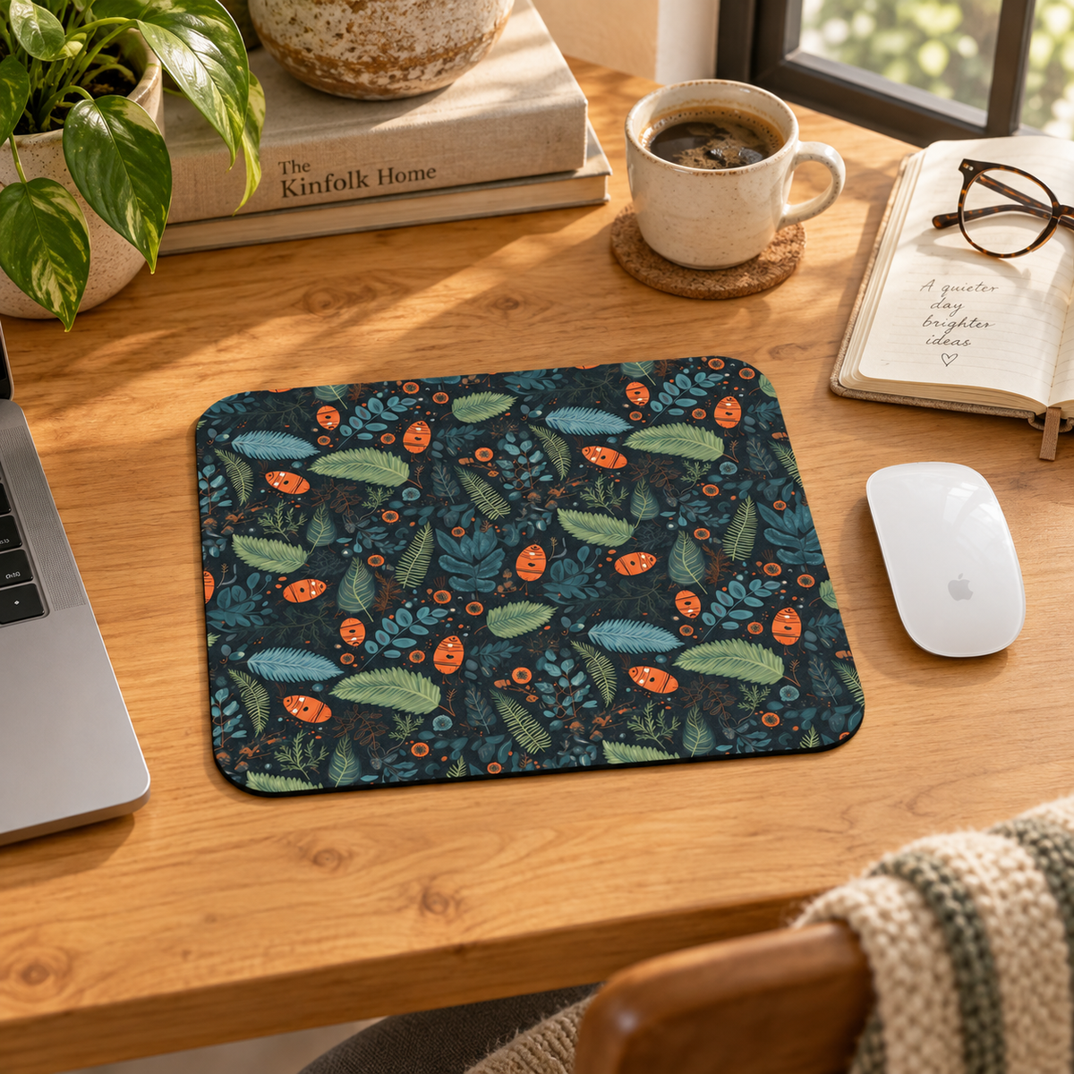 Mysterious Ferns Mouse Pad in a warm home workspace with a white Apple mouse.