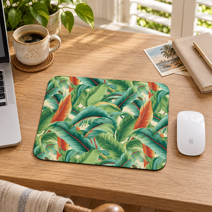 Tropical Old Miami Mouse Pad in a warm home workspace with a white Apple mouse.