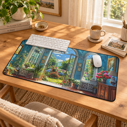 English Garden Room Elegance Desk Mat (Desk Pad) in a warm home workspace with a white Apple mouse.