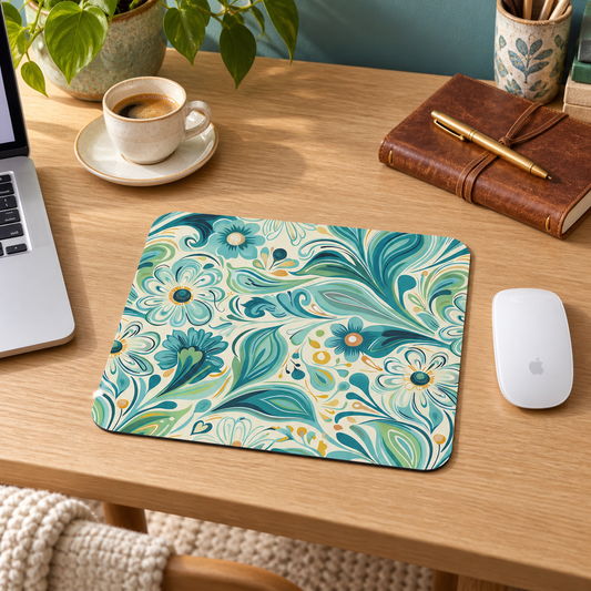 Whimsical Teal Floral Garden Mouse Pad in a warm home workspace with a white Apple mouse.
