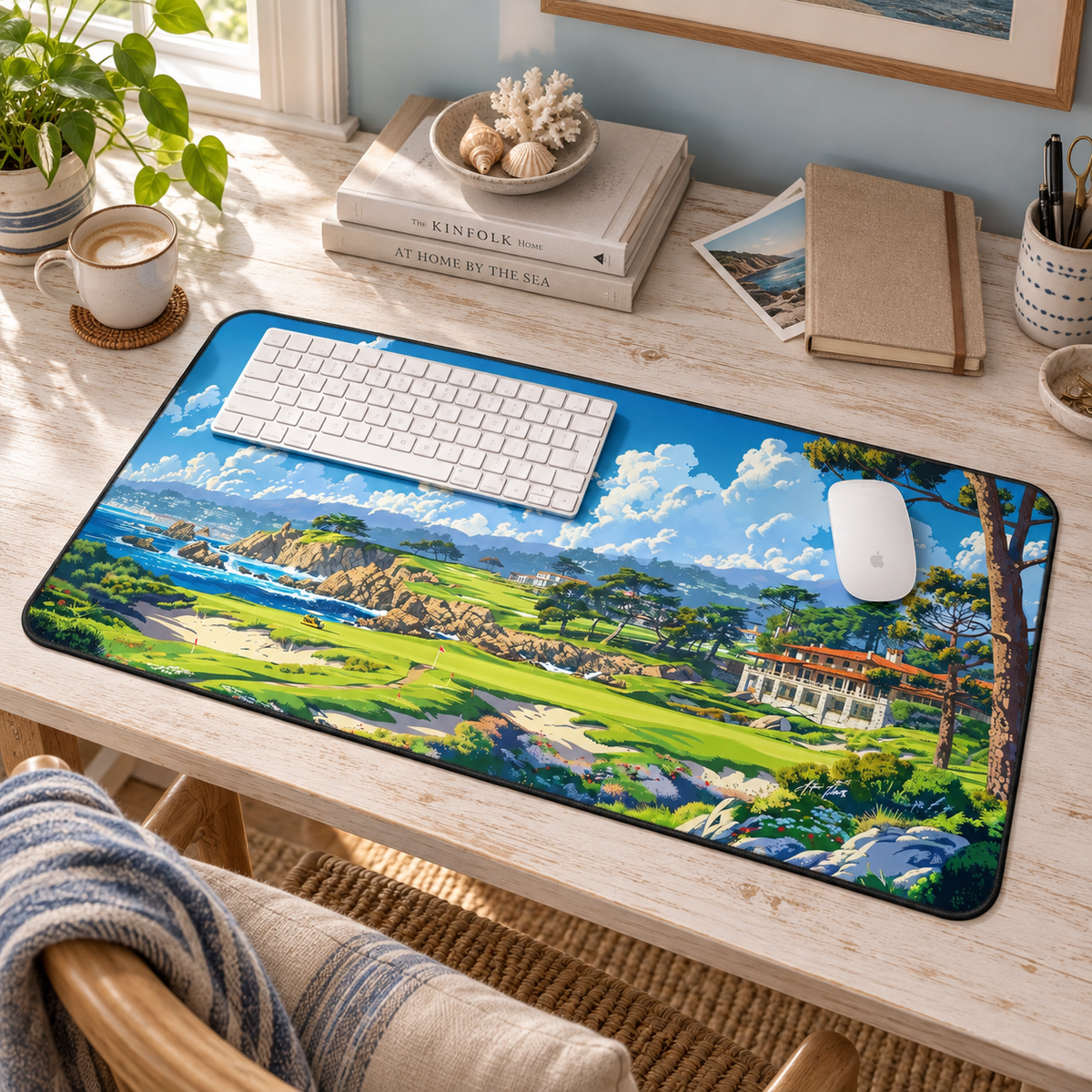 Coastal Fairway Escape Desk Mat (Desk Pad) in a warm home workspace with a white Apple mouse.