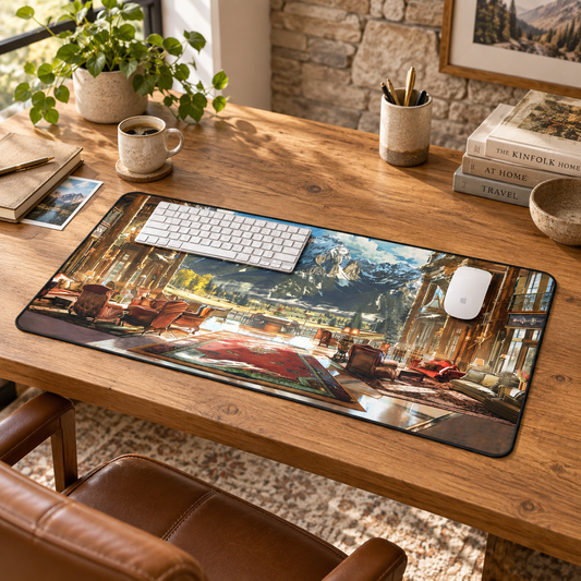 Rocky Mountain Retreat Desk Mat (Desk Pad) in a warm home workspace with a white Apple mouse.