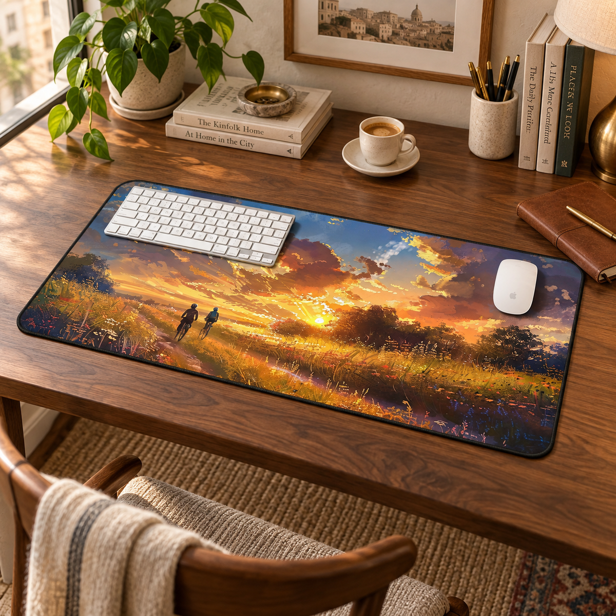Golden Sunset Ride Desk Mat (Desk Pad) in a warm home workspace with a white Apple mouse.