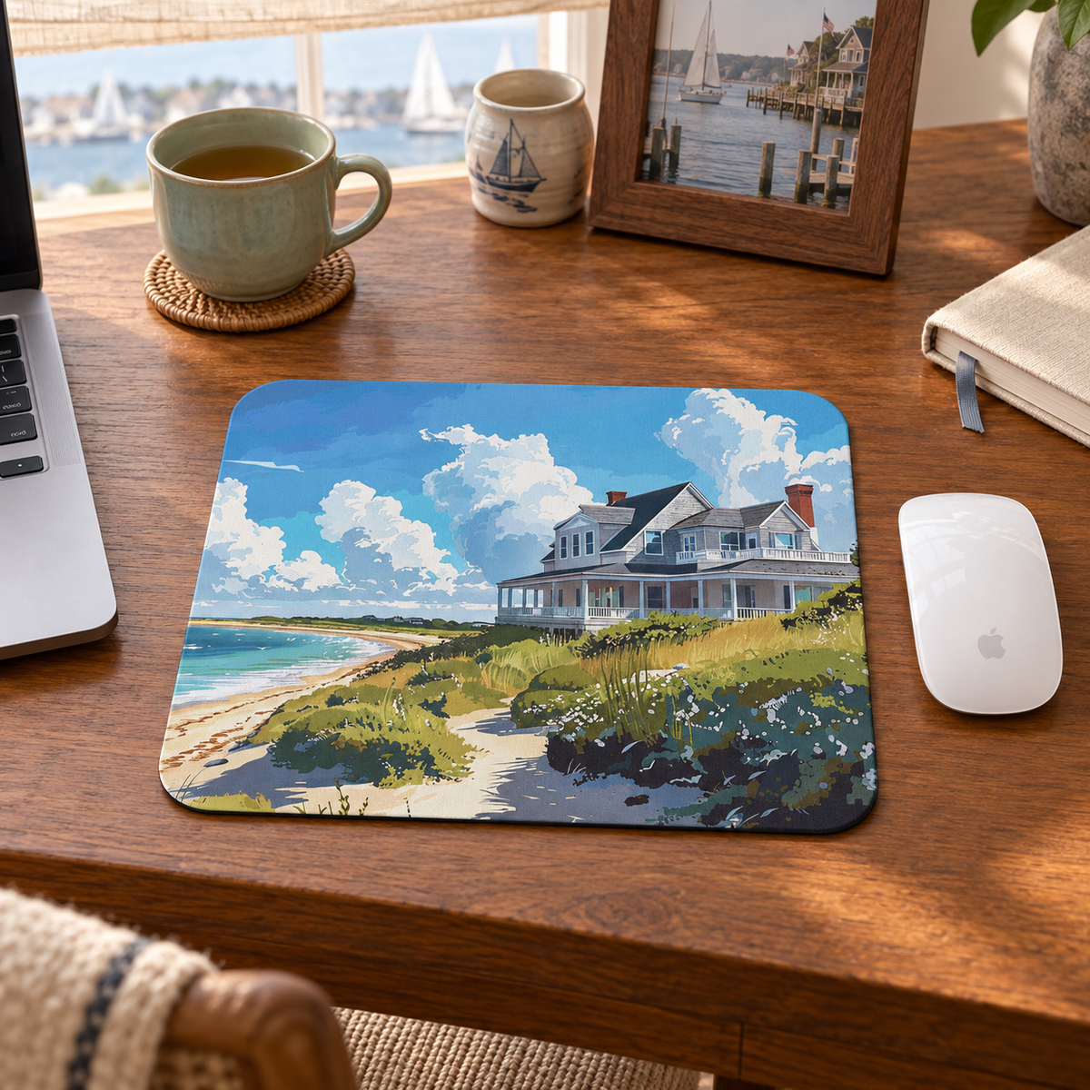 Nantucket Beach House Mouse Pad in a warm home workspace with a white Apple mouse.