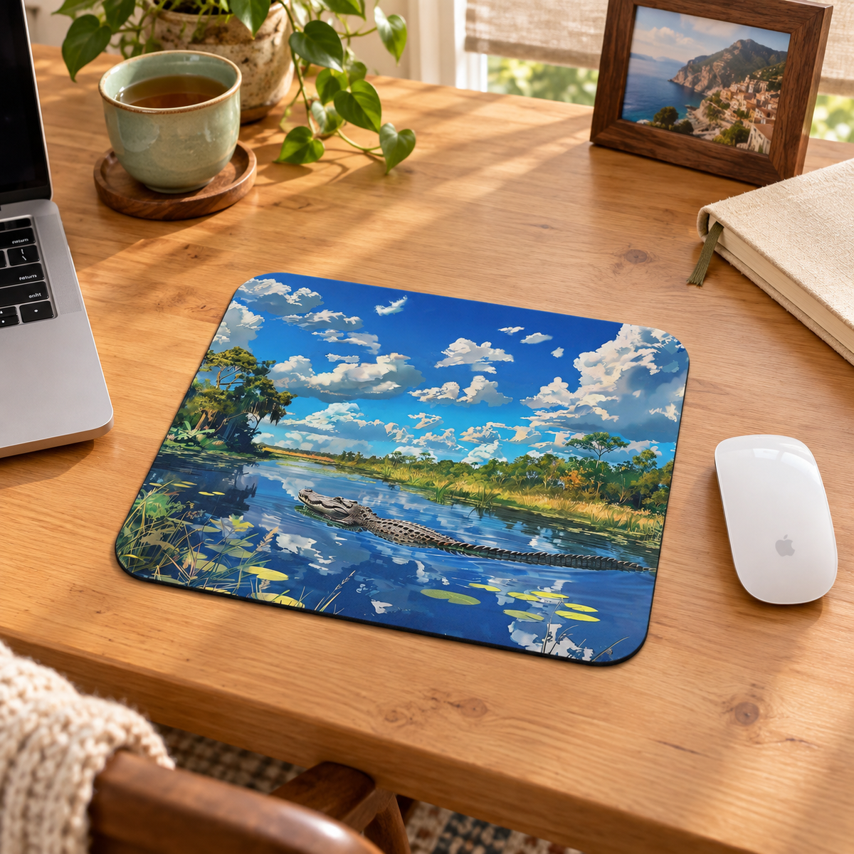 Everglades Encounter Mouse Pad in a warm home workspace with a white Apple mouse.