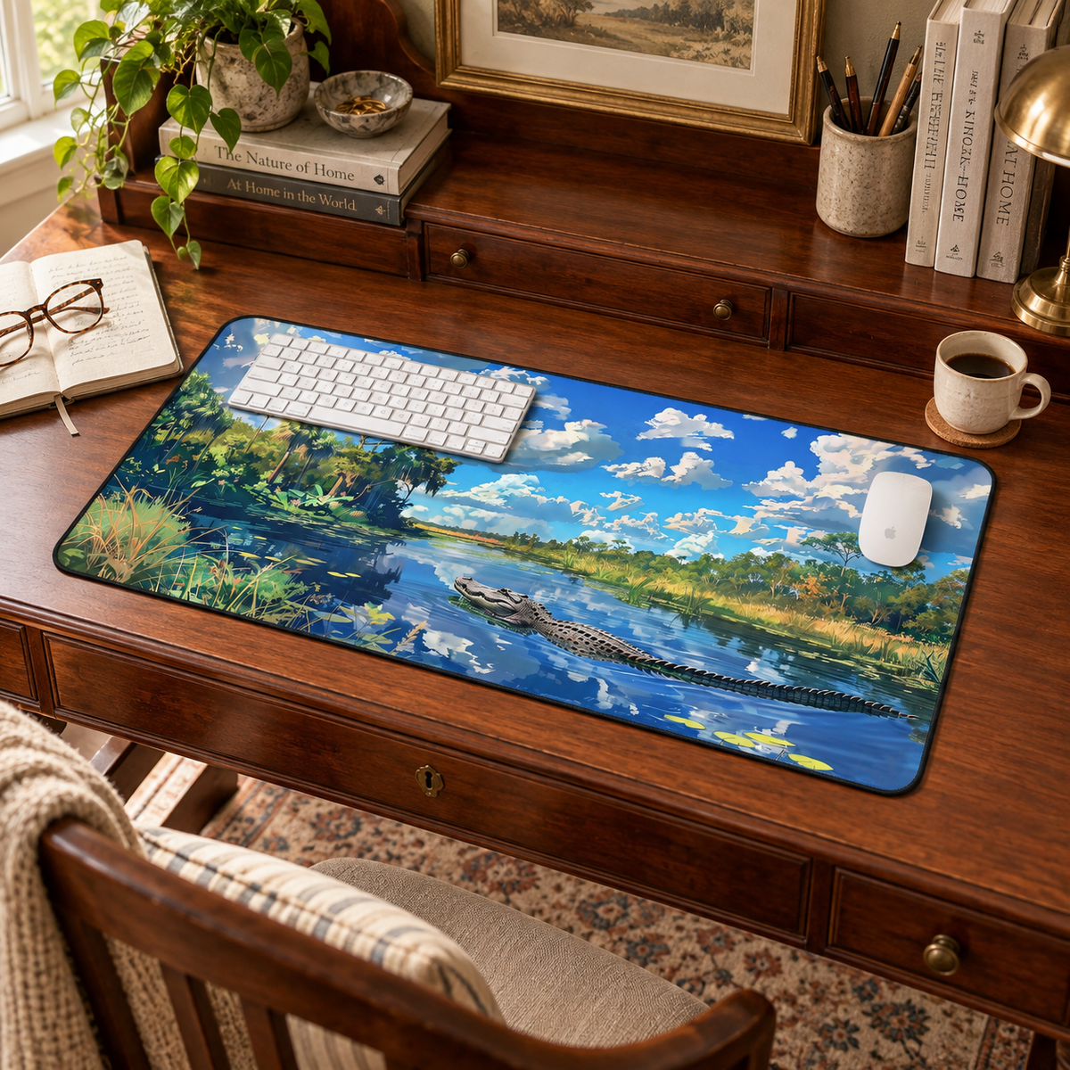 Everglades Encounter Desk Mat (Desk Pad) in a warm home workspace with a white Apple mouse.