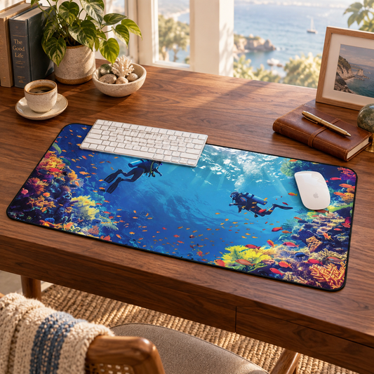 Cozumel Scuba Wonderland Desk Mat (Desk Pad) in a warm home workspace with a white Apple mouse.