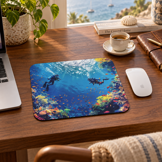 Cozumel Scuba Wonderland Mouse Pad in a warm home workspace with a white Apple mouse.
