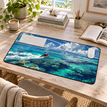 Jet Ski Tropical Paradise Desk Mat (Desk Pad) in a warm home workspace with a white Apple mouse.