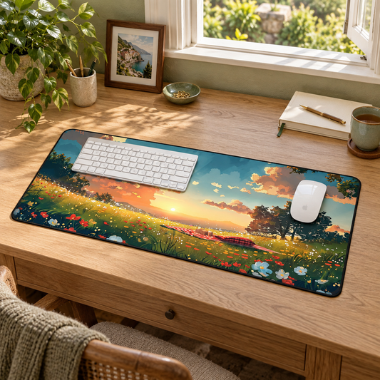 Meadow Picnic Desk Mat (Desk Pad) in a warm home workspace with a white Apple mouse.