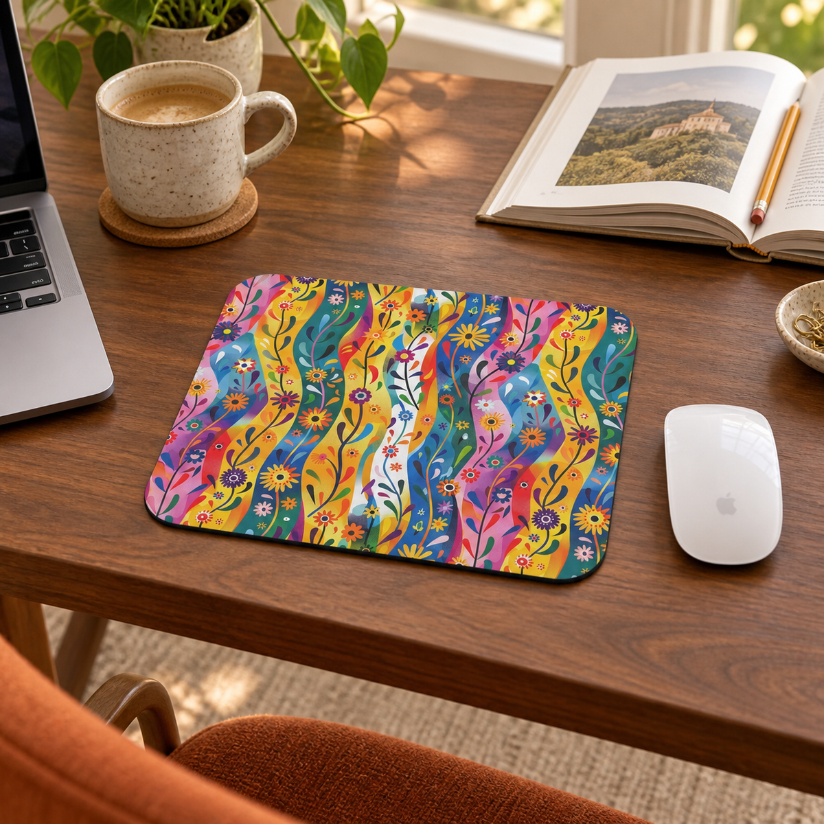 Floral Rhythms Mouse Pad in a warm home workspace with a white Apple mouse.