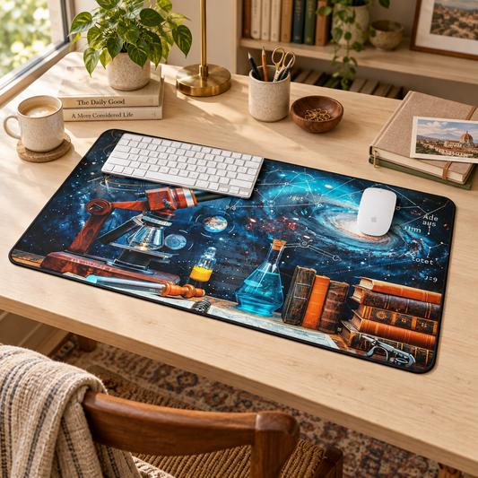 Intro to Basic Science Desk Mat (Desk Pad) in a warm home workspace with a white Apple mouse.