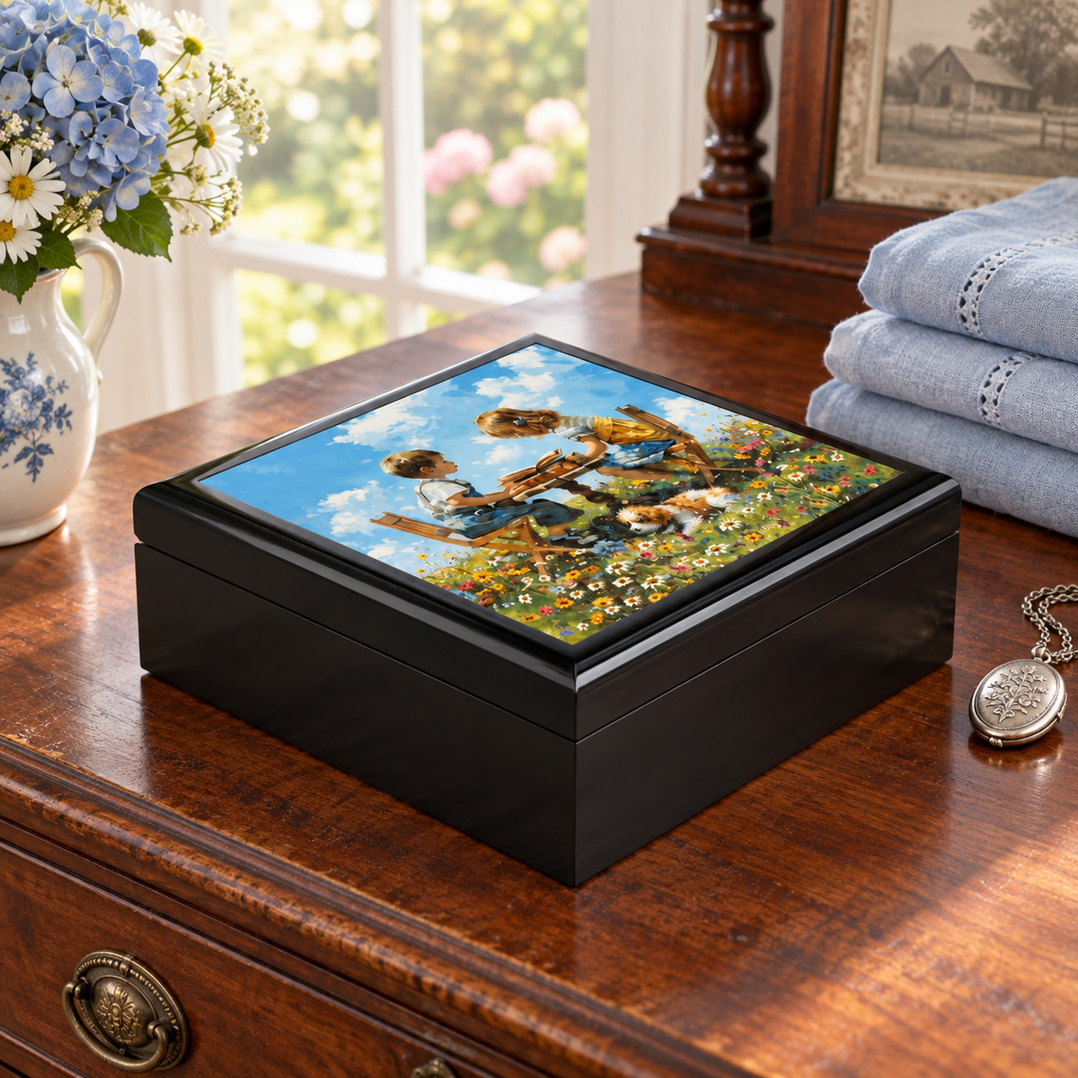Precious Days Jewelry Box — original lifestyle photograph on a styled dressing table, with the printed lid fully visible.